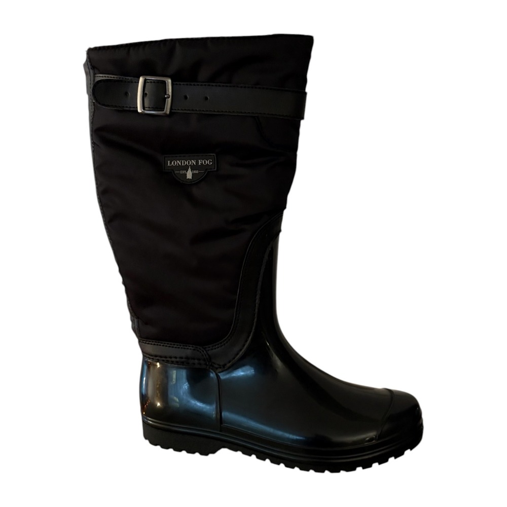 London Fog Women Black Tall Rain Boots Size 8 Waterproof Zipper Buckle Shoes